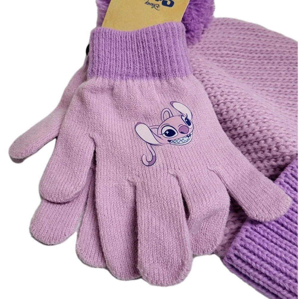 Disney Stitch & Angel 2pc Kids' One Size Winter Beanie Hat and Gloves Set NWT‎